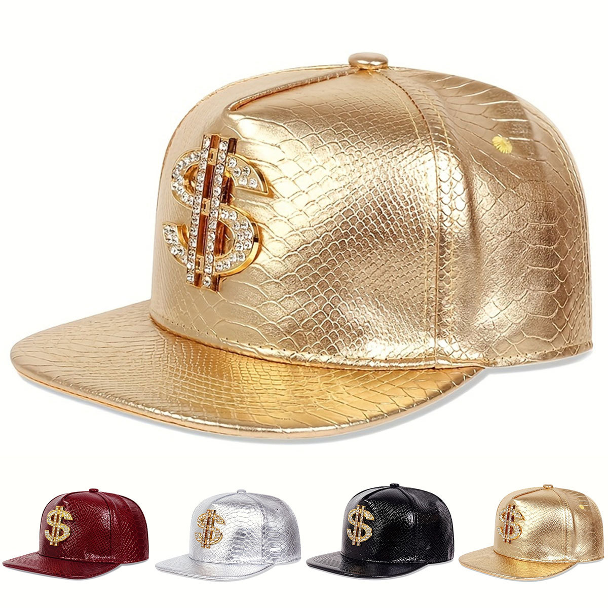 Snapback Hat Flat - Кожаная бейсболка с металлическим знаком доллара,