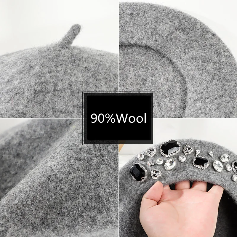 Beret French Wool - Французский берет, толстый декор со стразами,