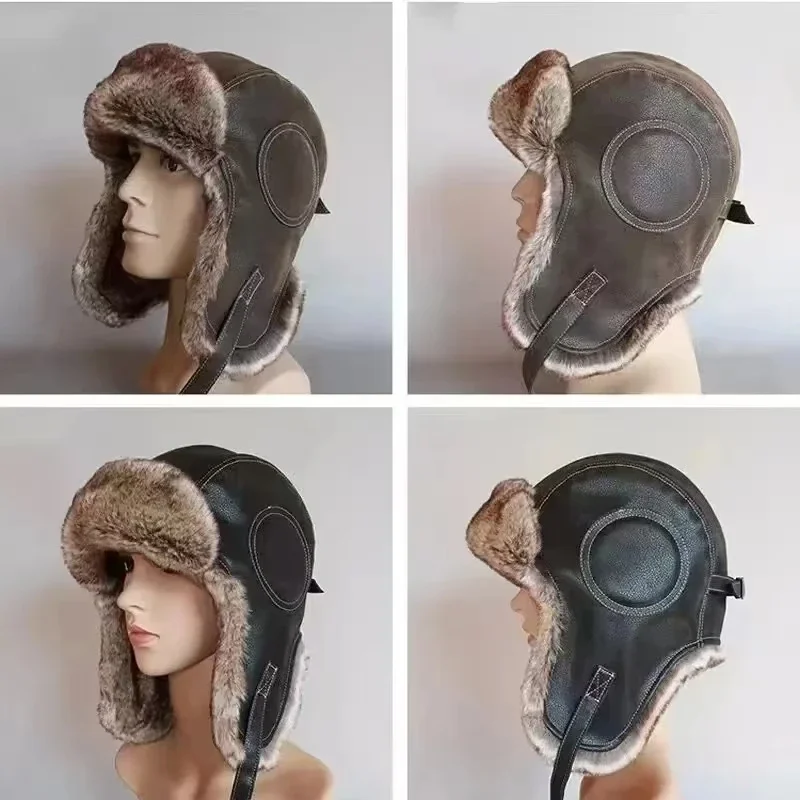 Trapper Hat Ear Flap - Кожаная зимняя кепка с ушками, ветрозащитная