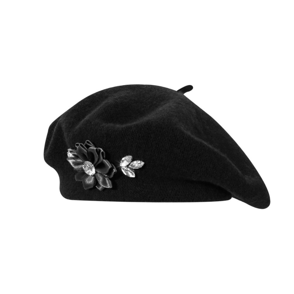 Beret French Wool - Модный однотонный шерстяной берет с кристаллами,